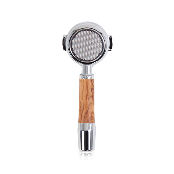 ECM Filterträger Bodenlos mit 21g Sieb Messing verchromt/ Olivenholz